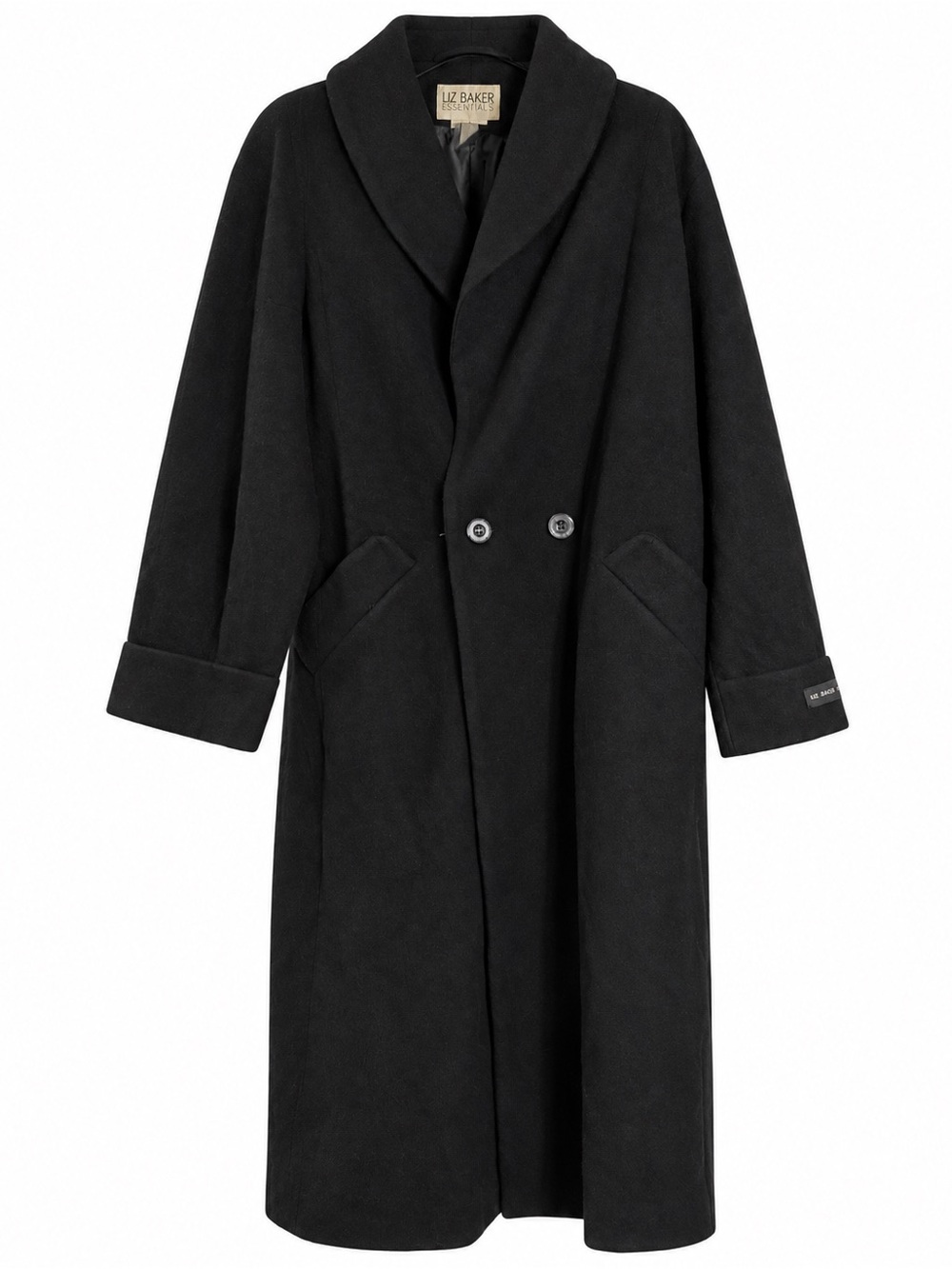 Liz Baker Black Double-Breasted Shawl-Collar Trench Coat